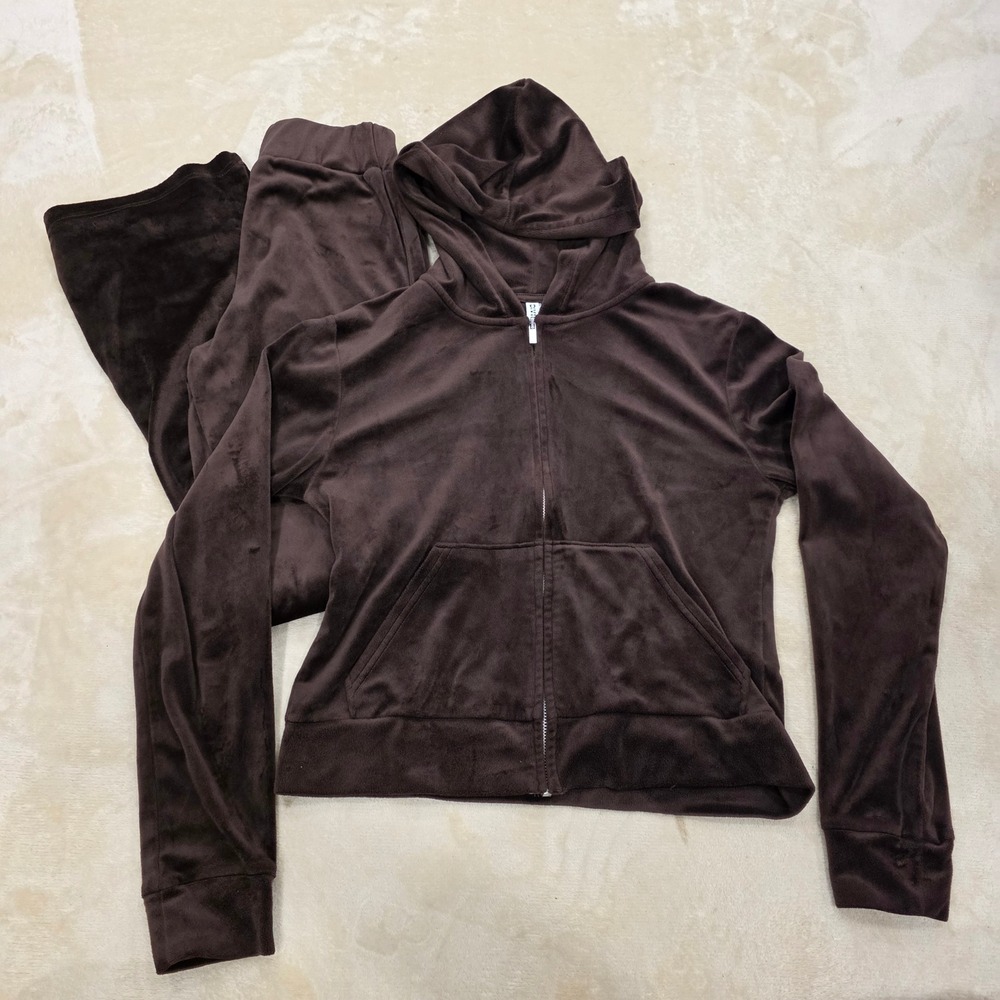 HM Divided Brown Velour Tracksuit Set Jacket M Pants XS Mismatched Y2K Sweatsuit